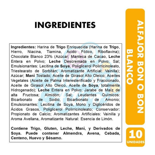 Alfajor Bon O Bon Sabor Chocolate Blanco (pack De 10 Uni)