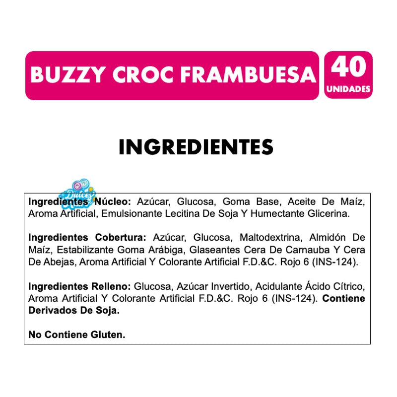 Chicles Buzzy Croc Rellenos Sabor Frambuesa Sin Gluten (40u)
