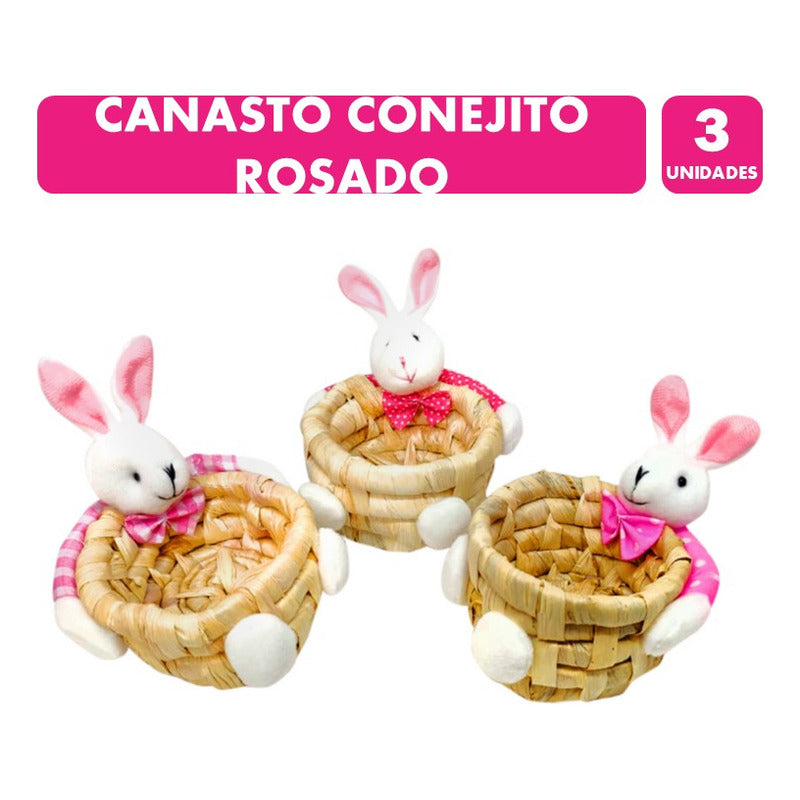 Pack Canasto Huevos De Pascua - Canasto Conejo Rosa (pack 3)