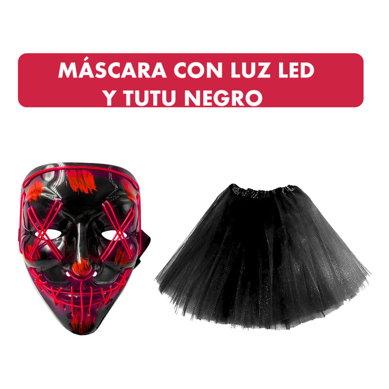 Pack Máscara Con Luz Led Más Tutu Negro Especial Halloween Estándar