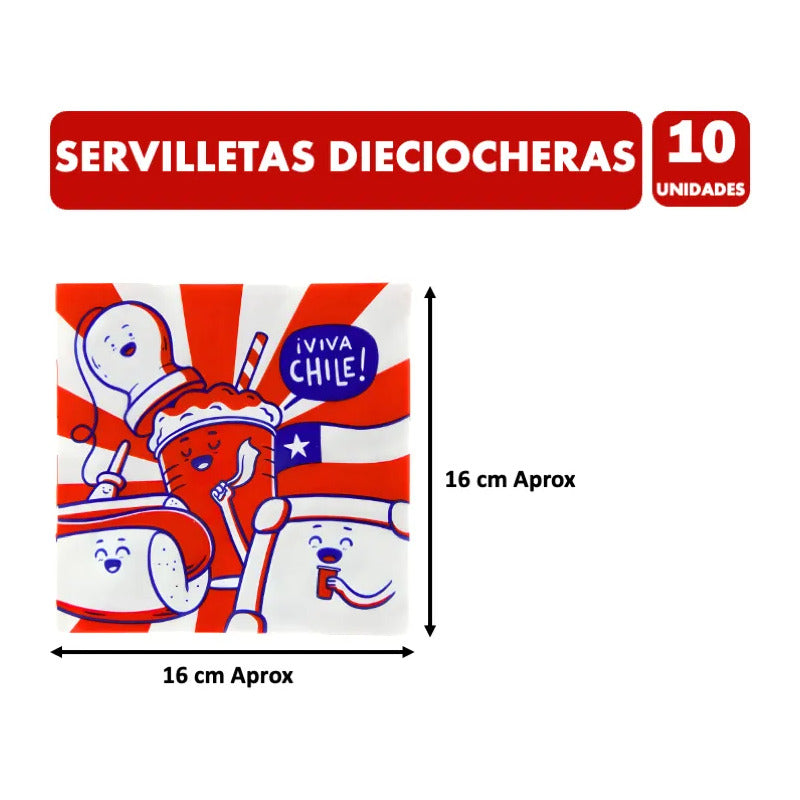 Servilletas Con Diseño Fiestas Patrias Dieciocheras (10 Uni) Blanco Azul Y Rojo