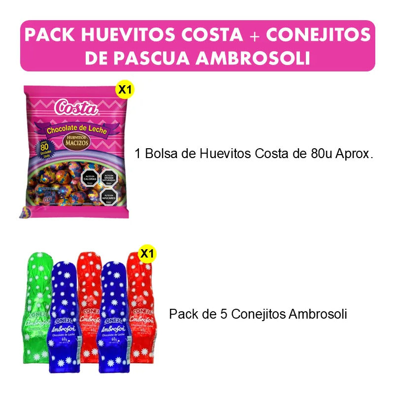 Pack Bolsa Huevitos De Pascua Costa + 5 Conejitos Ambrosoli