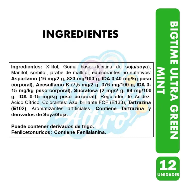 Chicle Bigtime Ultra Green Mint Sin Azúcar (caja 12 Uni)