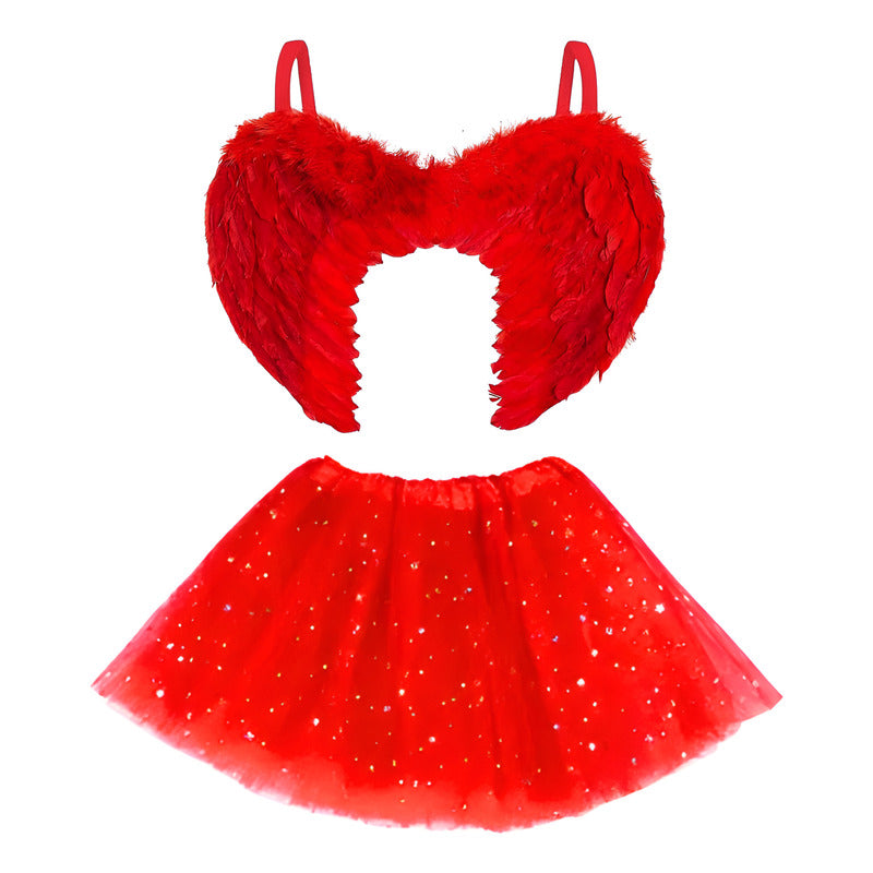 Pack Disfraz Alas De Ángel Rojo Con Falda Tutu Brillos Mujer Estandar