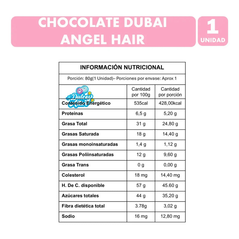 Chocolate Blanco Angel Hair Dubai 80 G Pistacho Fresa
