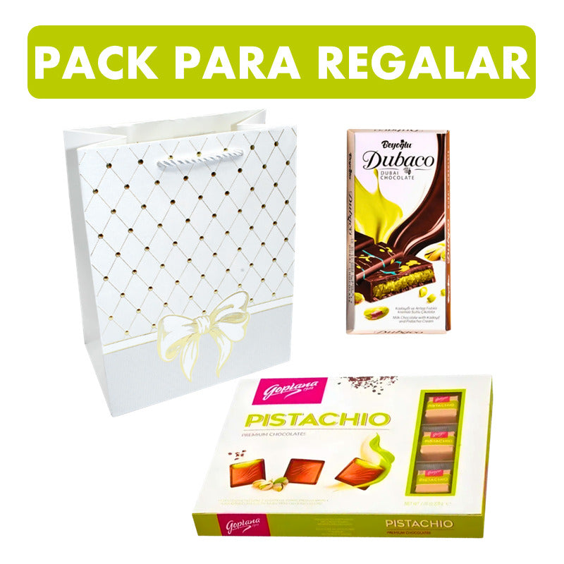 Pack Bombones Pistacho Goplana + Chocolate Dubai + Bolsa