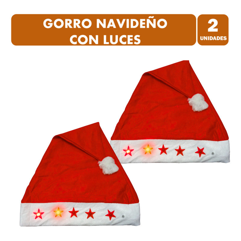 Gorro Navideño Viejito Pascuero Con Luces  (2 Unidades) Rojo