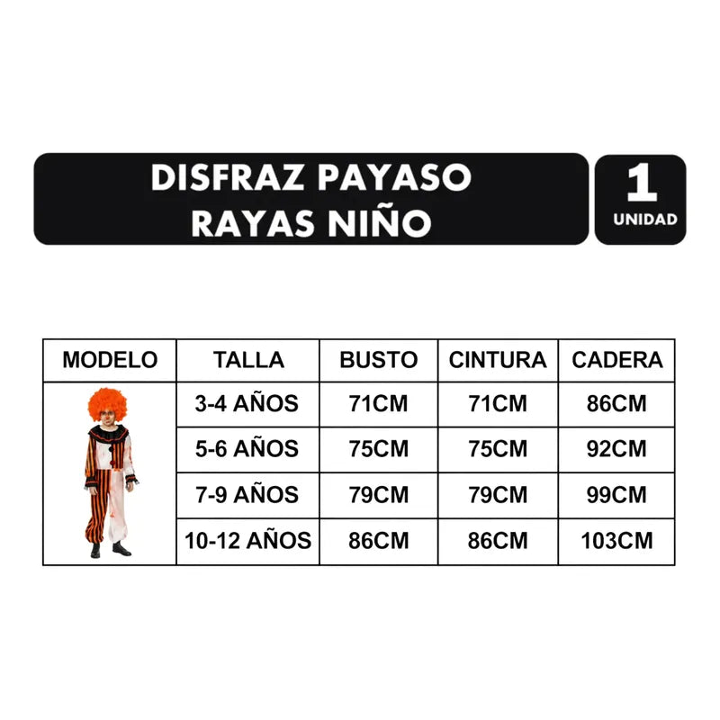 Disfraz De Payaso Rayas Infantil Niño Fiesta Halloween Rojo 10-12