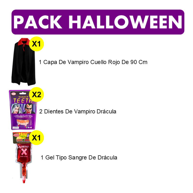 Pack Especial Halloween Capa Vampiro Niño+dientes+gel Sangre