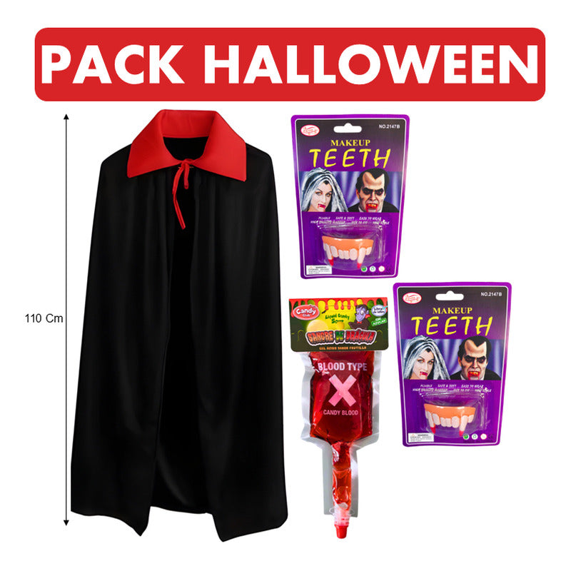 Pack Especial Halloween Capa Vampiro+dientes+gel Tipo Sangre