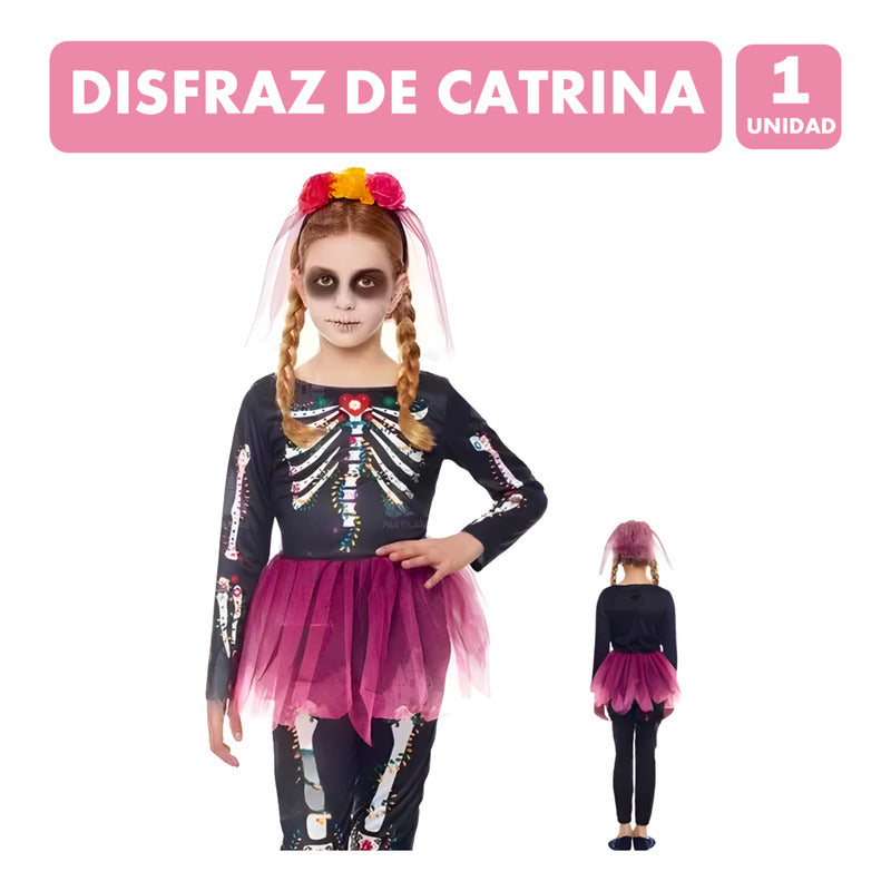 Disfraz Catrina Niña Traje Completo De Huesos Halloween Negro 10-12