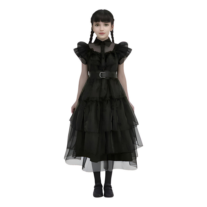 Disfraz De Merlina Vestido De Fiesta Negro Con Cinturon Niña 10-12