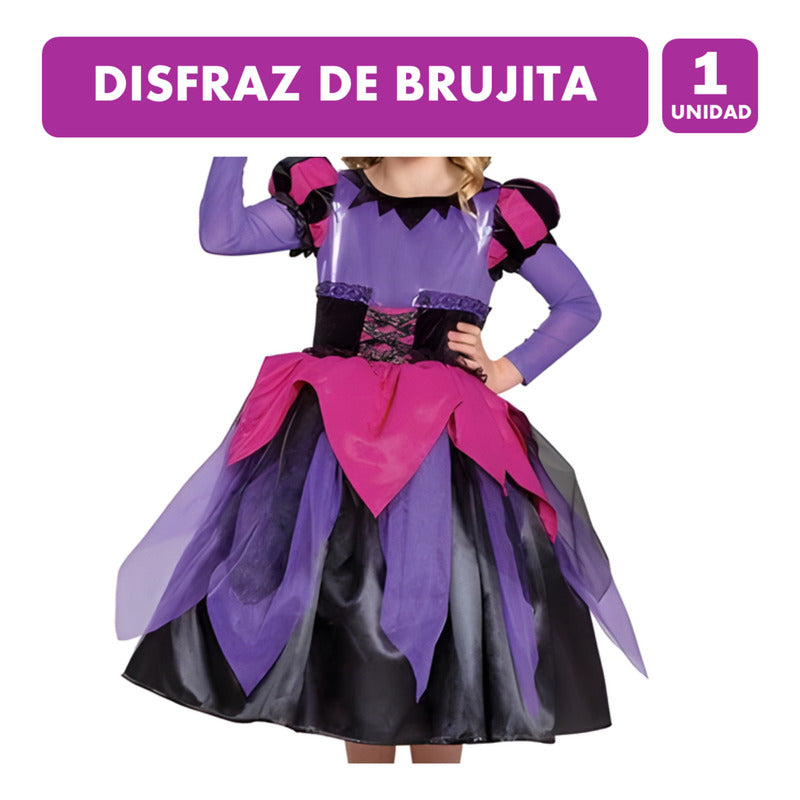 Disfraz Brujita Con Gorro Premium Para Halloween Talla 4-6 Violeta