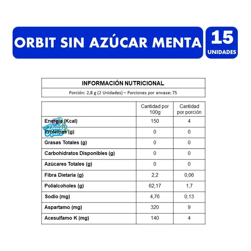 Chicles Orbit Sabor Menta Sin Azúcar (display 15 Unidades)