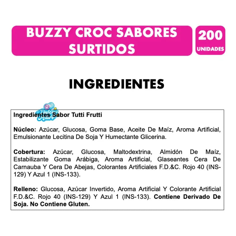 Chicles Sabores Surtidos Buzzy Croc Con Centro Líquido 200un