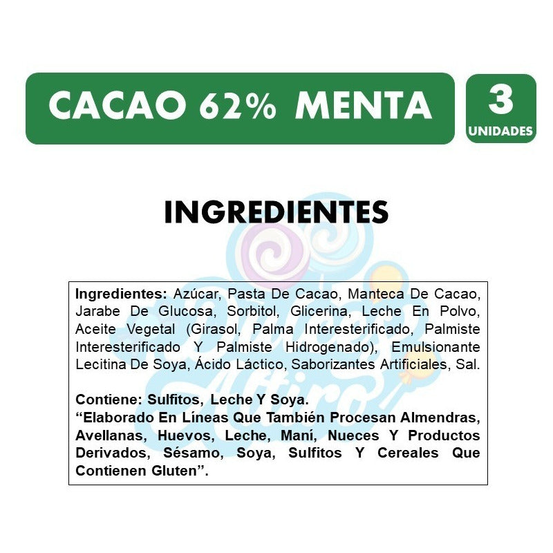 Chocolate Cacao 62%, Menta, De Costa - Pack De 3 Unidades.