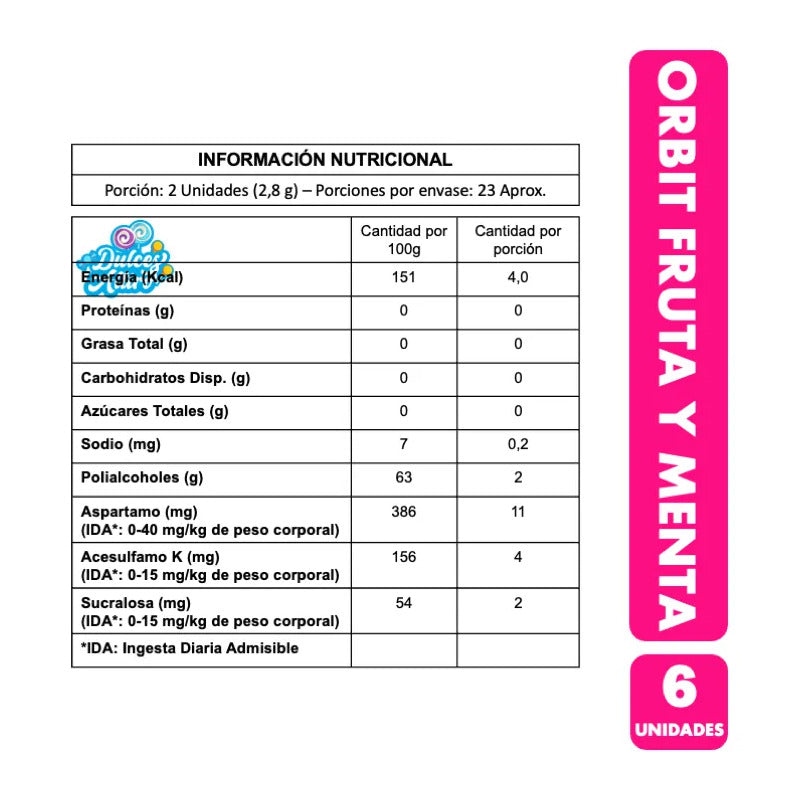 Chicle Orbit Fruta Y Menta Envase Rosado (pack 6 Unidades)