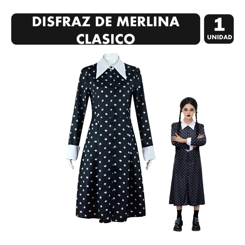 Disfraz De Merlina Clásico Negro De Halloween Para Niña 10-12