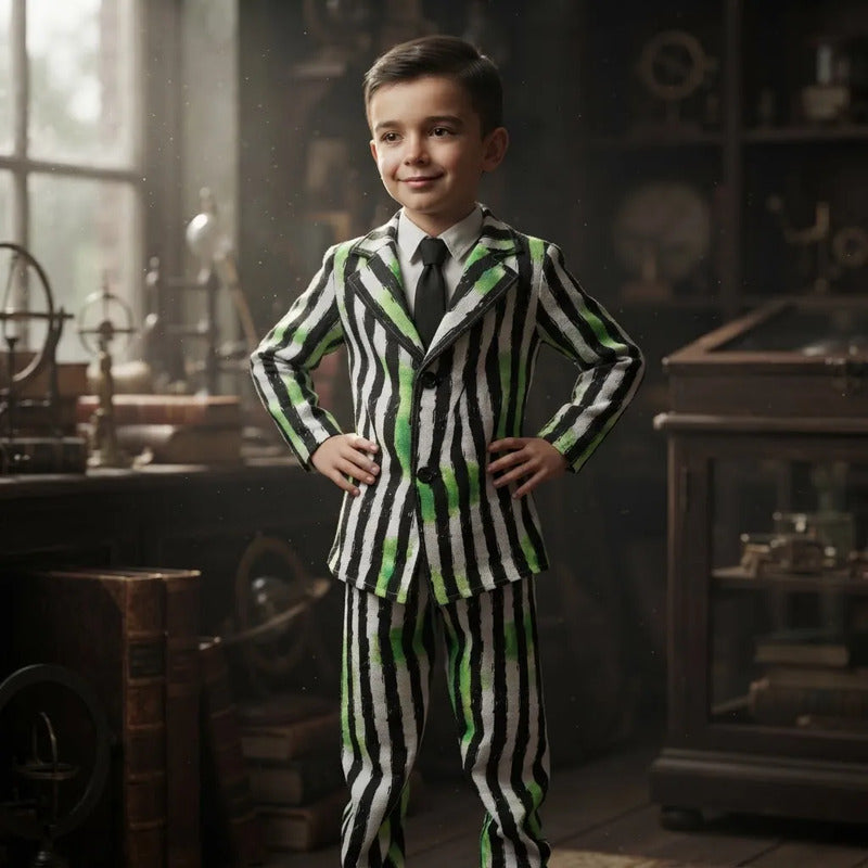 Traje De Rayas Infantil Talla 5-6 Especial Halloween Negro Blanco Verde 5-6