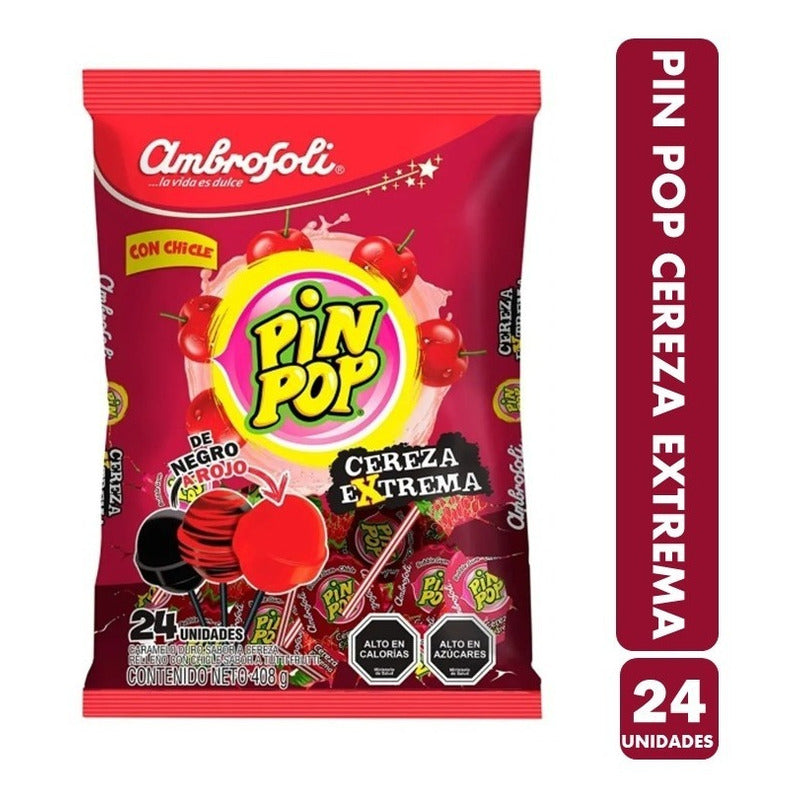 Dulces Pin Pop Cereza Extrema, Ambrosoli - Bolsa 24 Coyacs.
