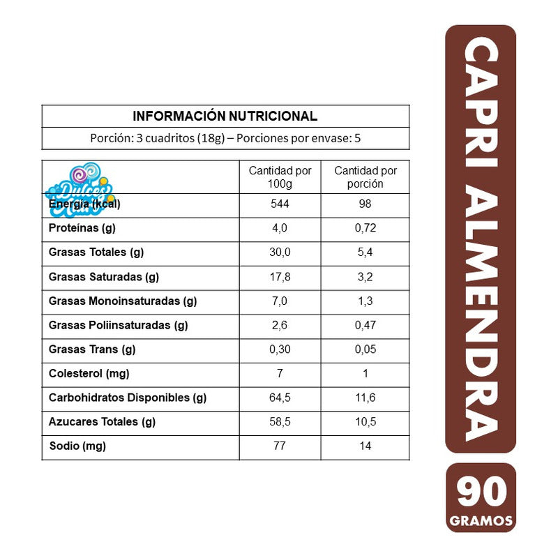 Capri De Almendra - Barra De Chocolate Clásico(barra De 90g)