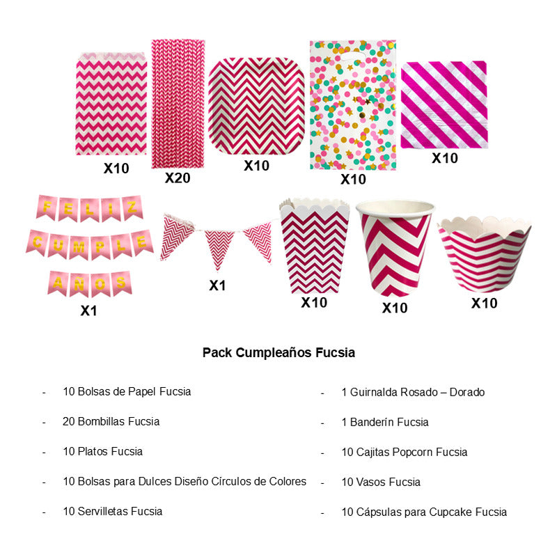 Pack Cumpleaños Fucsia -adornos Accesorios Decoración Fiesta