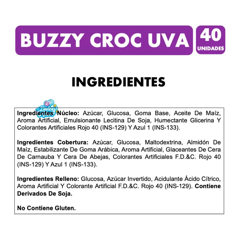 Chicles Buzzy Croc Rellenos Sabor Uva Sin Gluten (40 Uni)