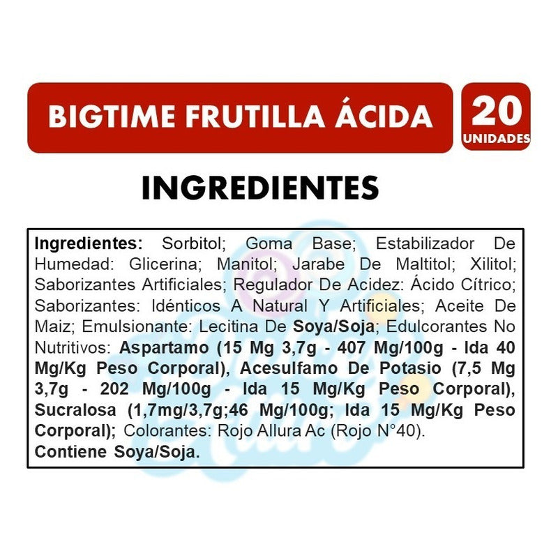Chicle Bigtime Frutilla Ácida Display 20 Unidades 11gr