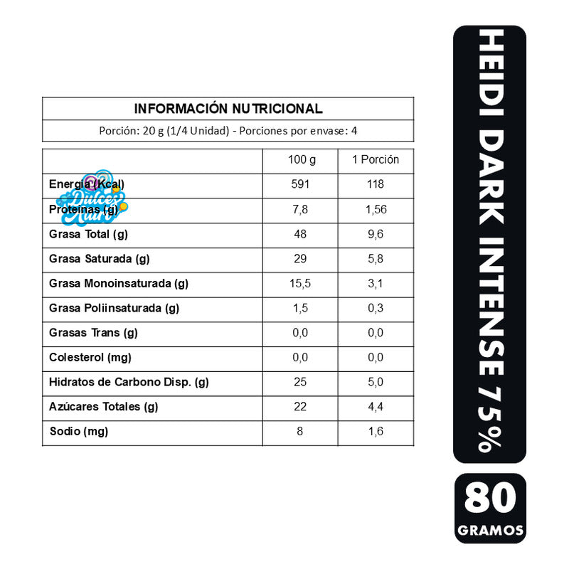Chocolate Heidi Dark Intense 75% Cacao - Vegano (barra 80gr)