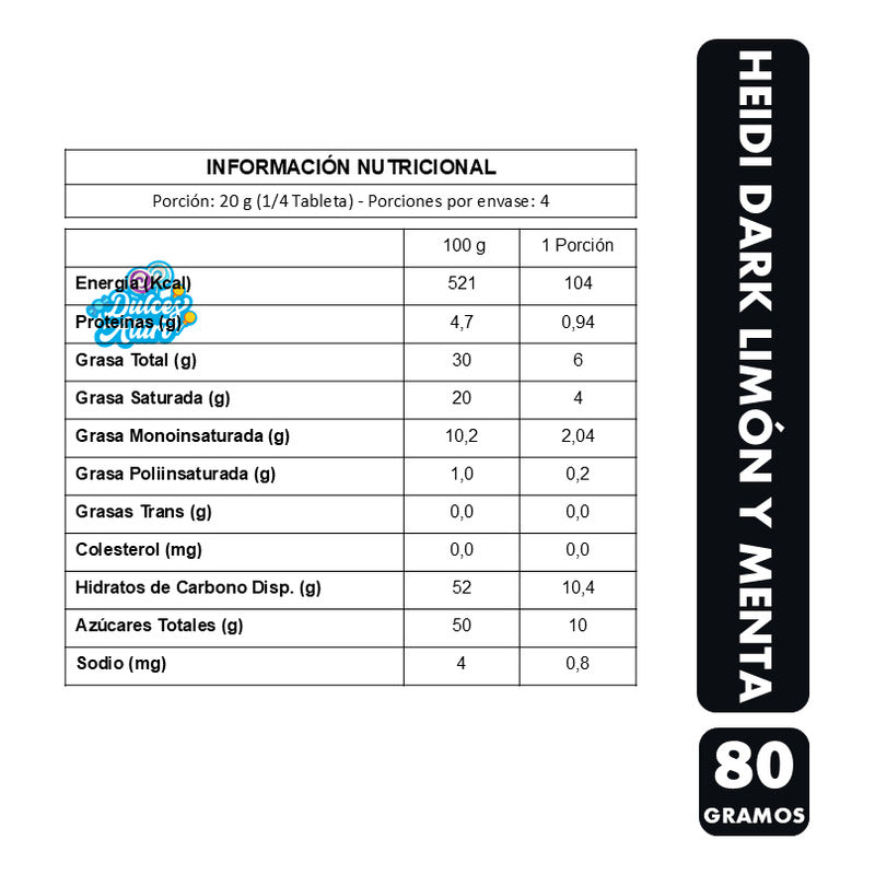 Chocolate Heidi Dark Limón Y Menta - Vegano (barra De 80gr)
