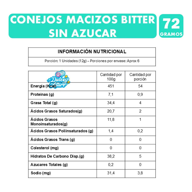 Conejitos Macizos Sin Azúcar Chocolate Bitter - Bolsa 72g