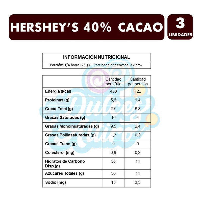 Chocolate Hershey's 40% Cacao - Medio Amargo (pack Con 3uni)