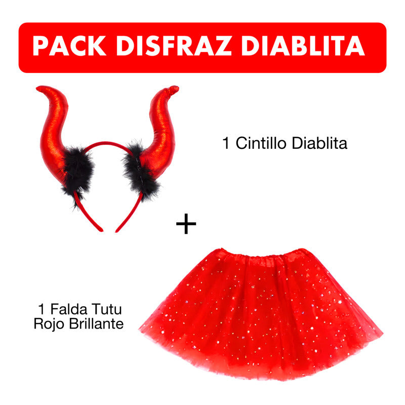 Falda Tutu Rojo Con Brillos Y Cachitos De Diabla Halloween Estándar