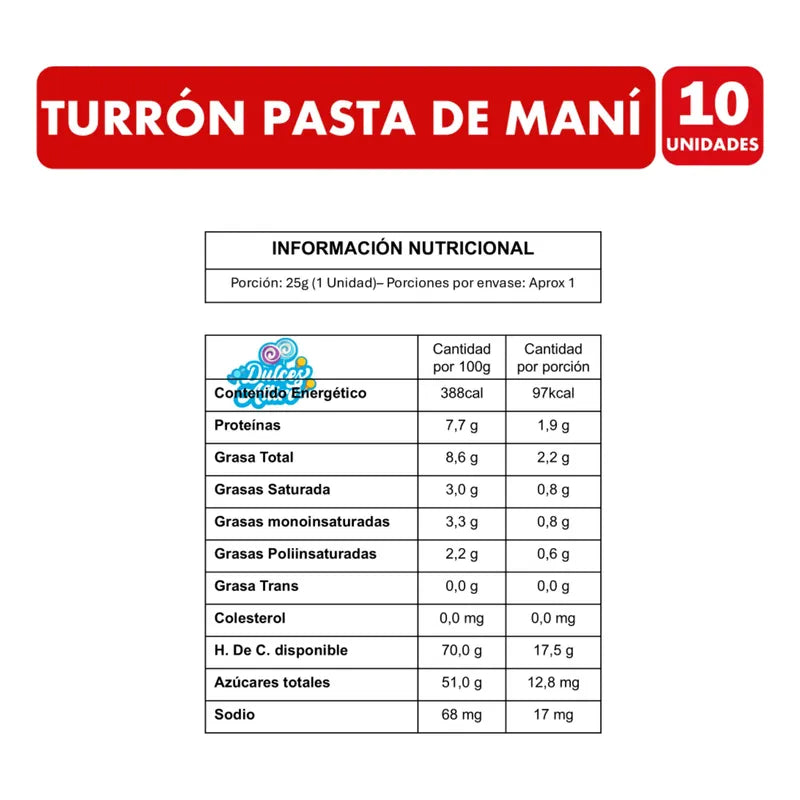 Turrón Nevares Sabor Pasta De Maní - Pack Con 10 Unidades