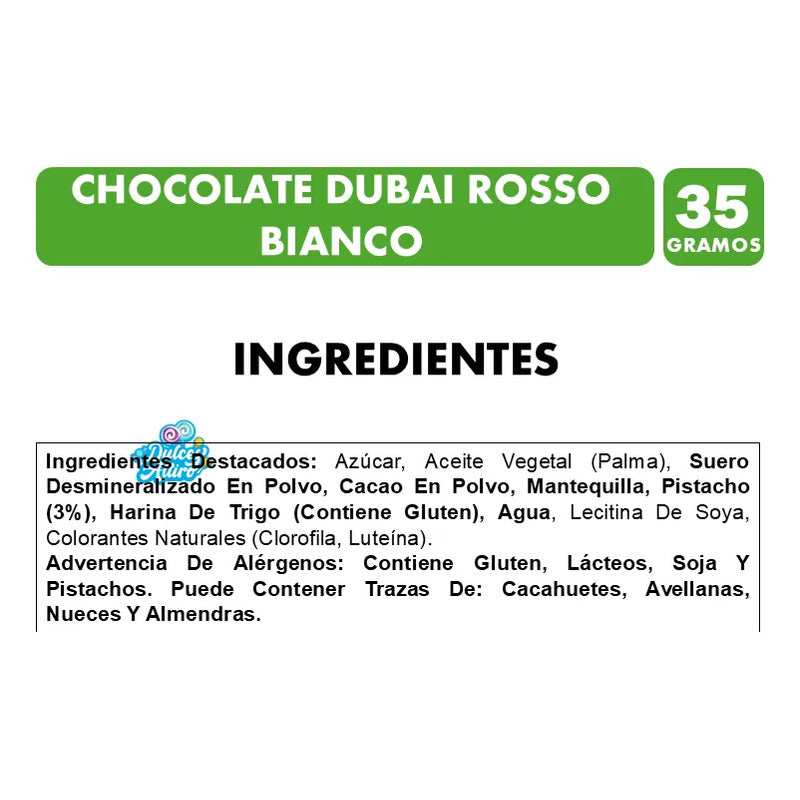 Chocolate Dubai Rosso Bianco De Pistacho (barra De 35 Gr)