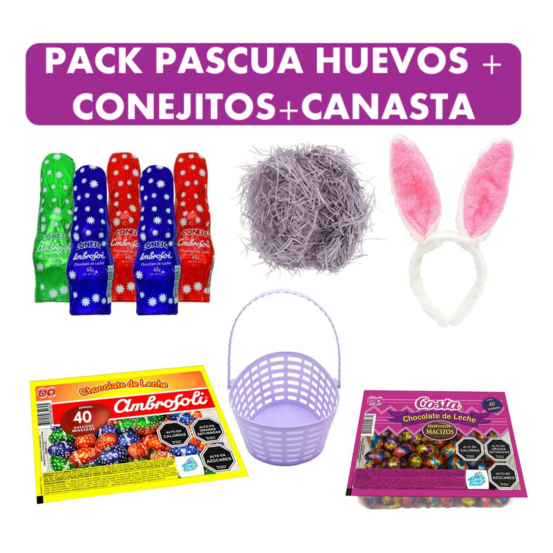 Pack Huevos Y Conejitos De Pascua + Canasta  Papel Y Orejas