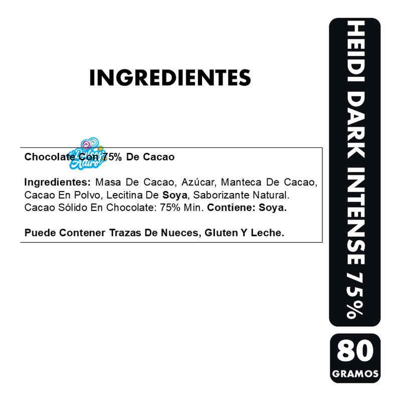 Chocolate Heidi Dark Intense 75% Cacao - Vegano (barra 80gr)