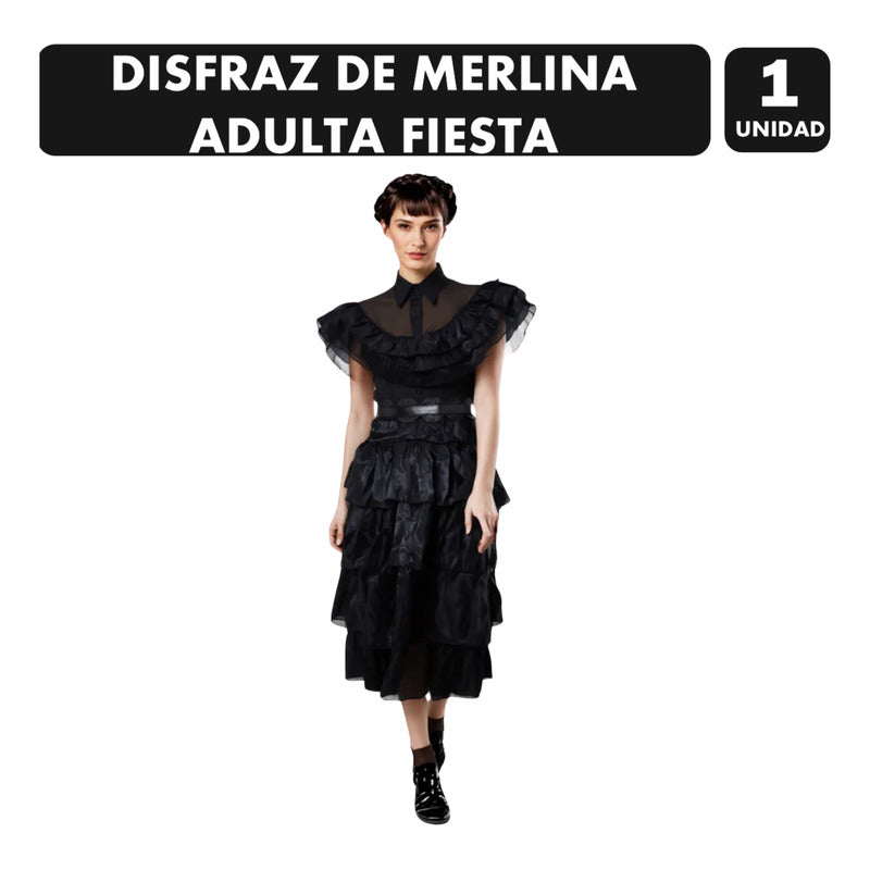 Disfraz Merlina Mujer Vestido Negro De Fiesta Con Cinturón L