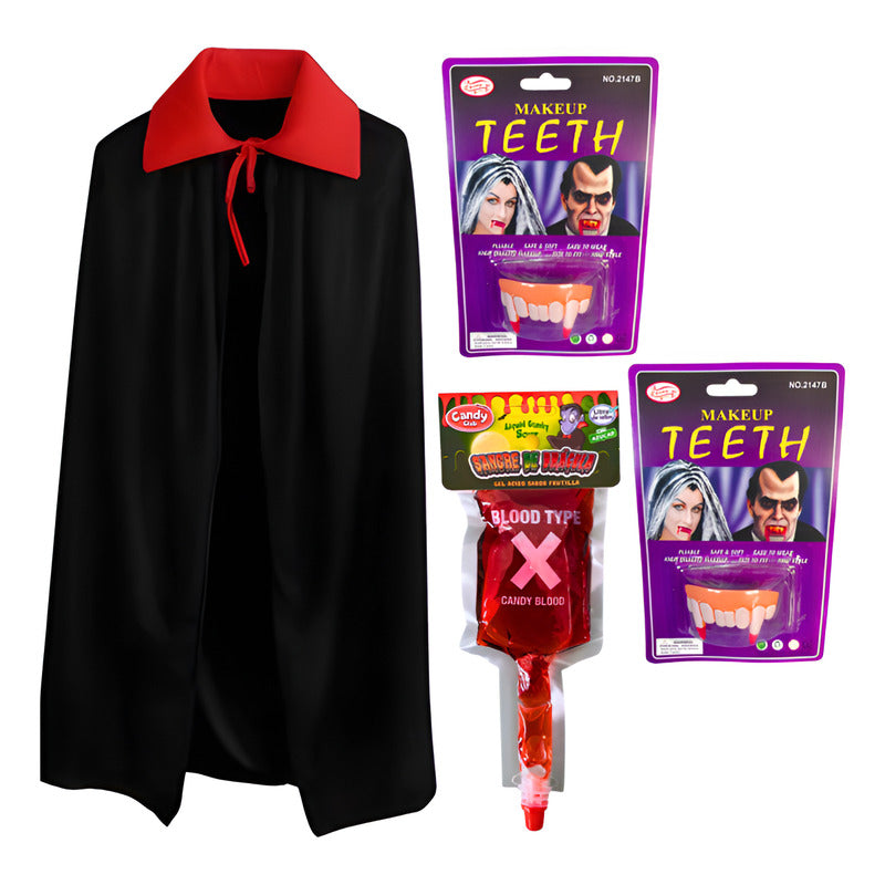 Pack Especial Halloween Capa Vampiro Niño+dientes+gel Sangre