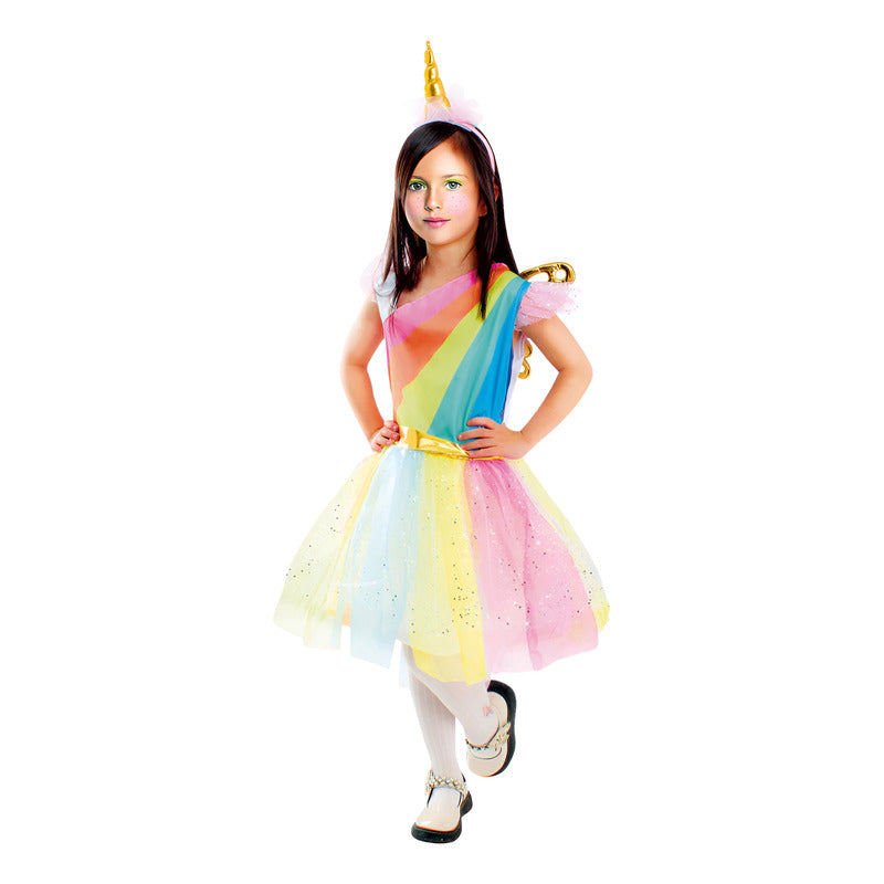 Disfraz De Unicornio Niña Vestido Con Alas Y Cintillo Multicolor 3-4