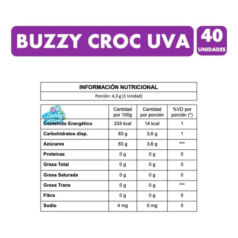 Chicles Buzzy Croc Super Crocante Sabor Uva  (40 Unidades)