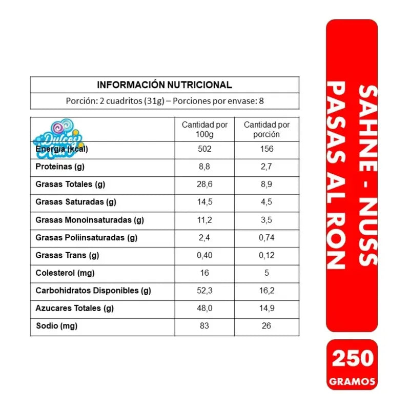 Sahne Nuss Pasas Al Ron De Nestlé (barra De 250gr)