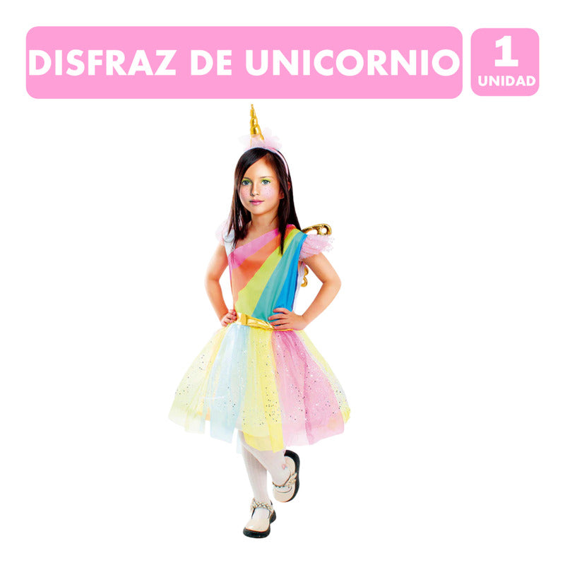 Disfraz De Unicornio Niña Vestido Con Alas Y Cintillo Multicolor 3-4