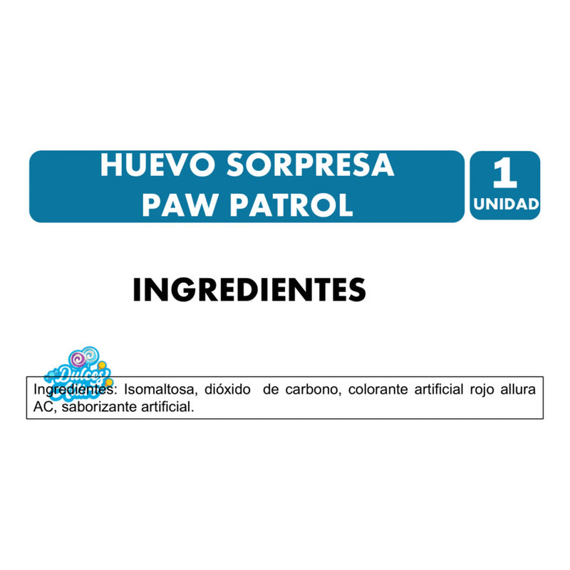 Huevo Sorpresa Paw Patrol Popping Candy Sin Azúcar