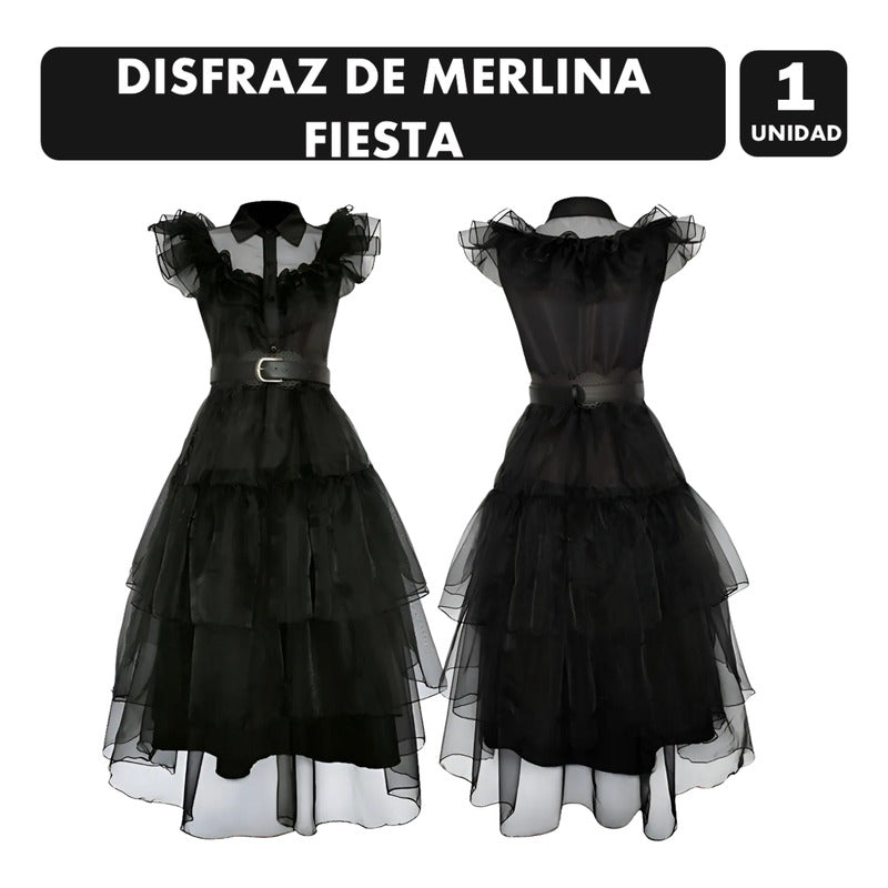 Disfraz De Merlina Vestido De Fiesta Negro Con Cinturon Niña 10-12