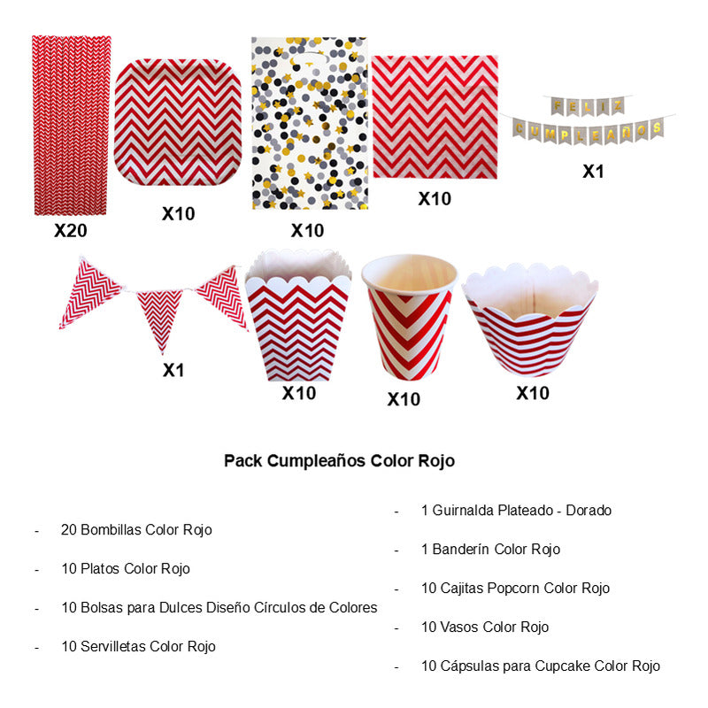 Pack Cumpleaños Color Rojo - Adornos Accesorios Decoración