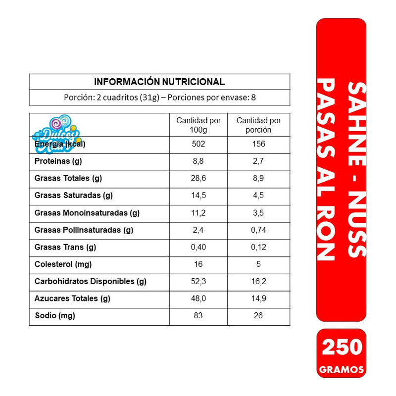 Sahne Nuss Pasas Al Ron - Tableta De Nestle (barra De 250gr)