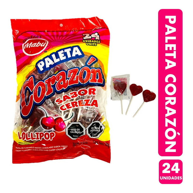 Chupetin Forma  Corazón Sabor Cereza De Mabu(bolsa Con 24u)