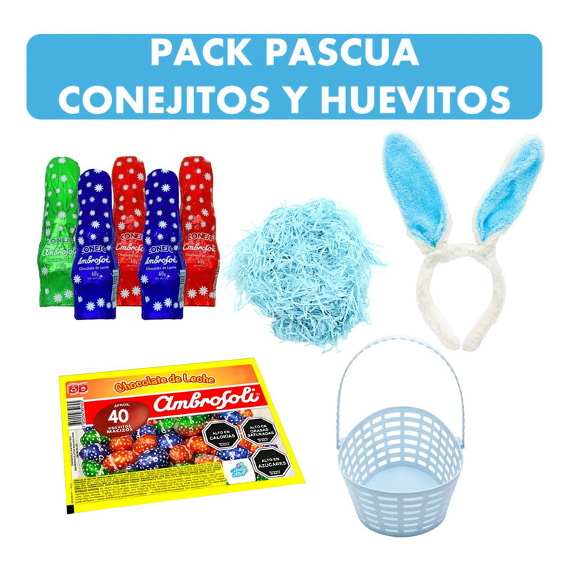 Pack De Conejitos Y Huevitos De Pascua + Canasta Y Orejas