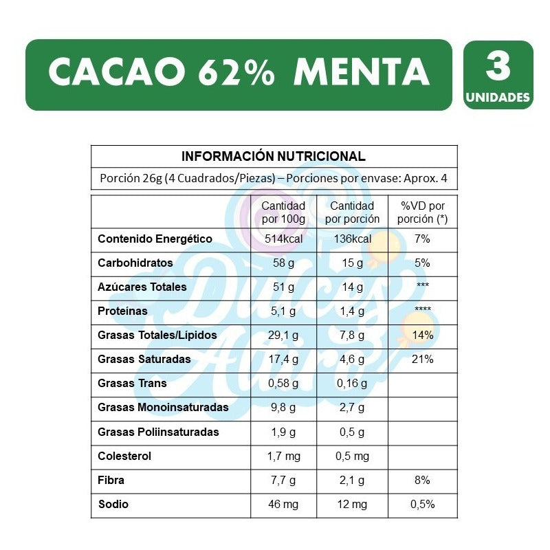 Chocolate Cacao 62%, Menta, De Costa - Pack De 3 Unidades.